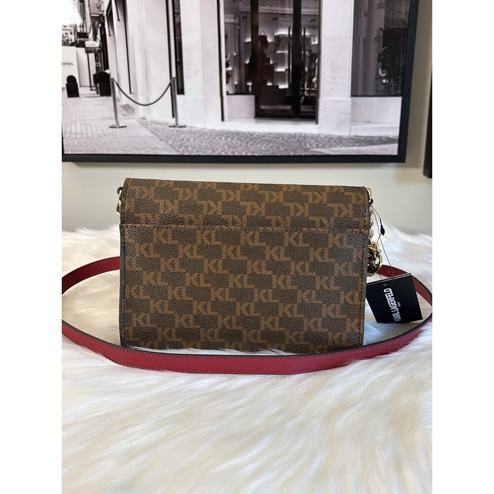 Karl Lagerfeld Brown Monogram Crossbody with Red Strap and Gold Hardware - Picture 6 of 12